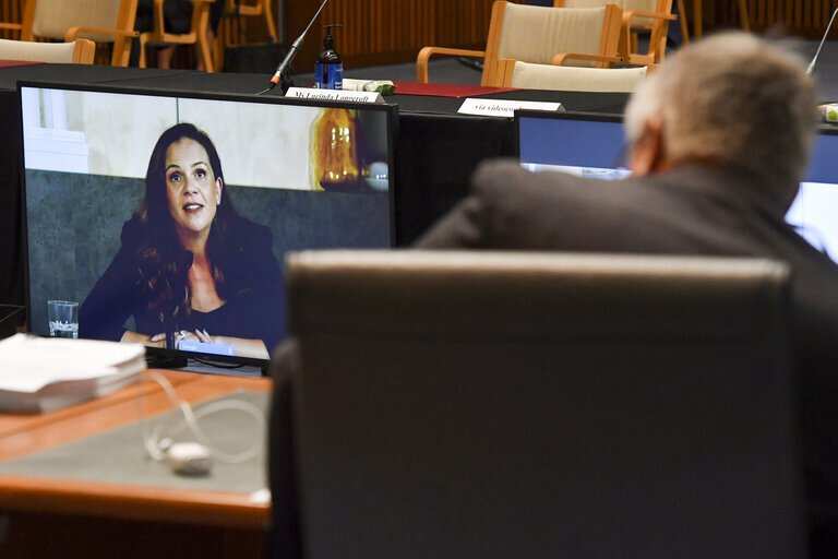 Mel Silva, left, the managing director of Google Australia and New Zealand, appears via a video link during a Senate inquiry into a mandatory code