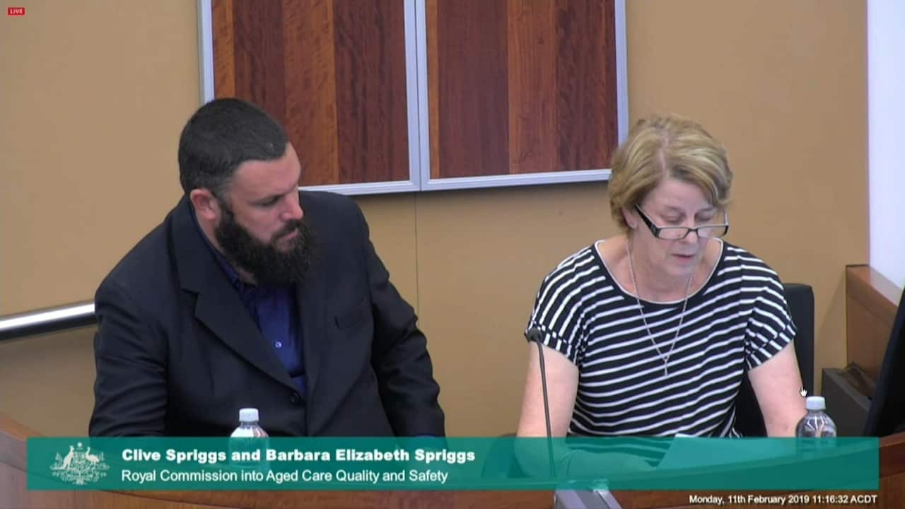 Barbara Spriggs and her son, Clive, give evidence at the aged care royal commission.
