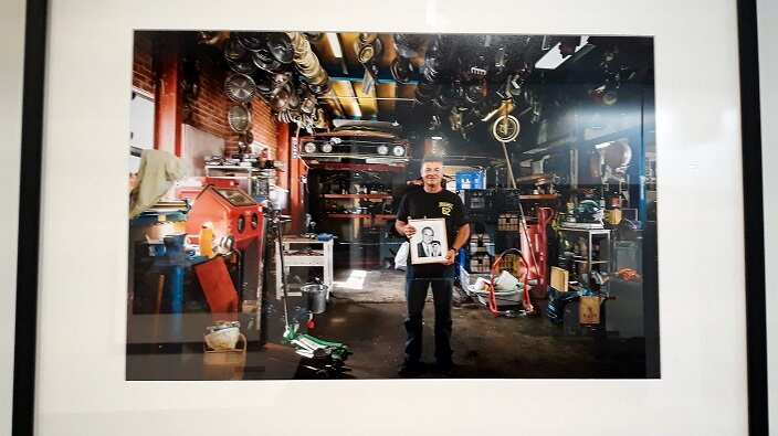 'Pete': One of Fiona Wolf-Symeonides's portraits. He's Greek, he lived in Waterloo for 25 years, and he's a general mechanic and specialist in classic cars.