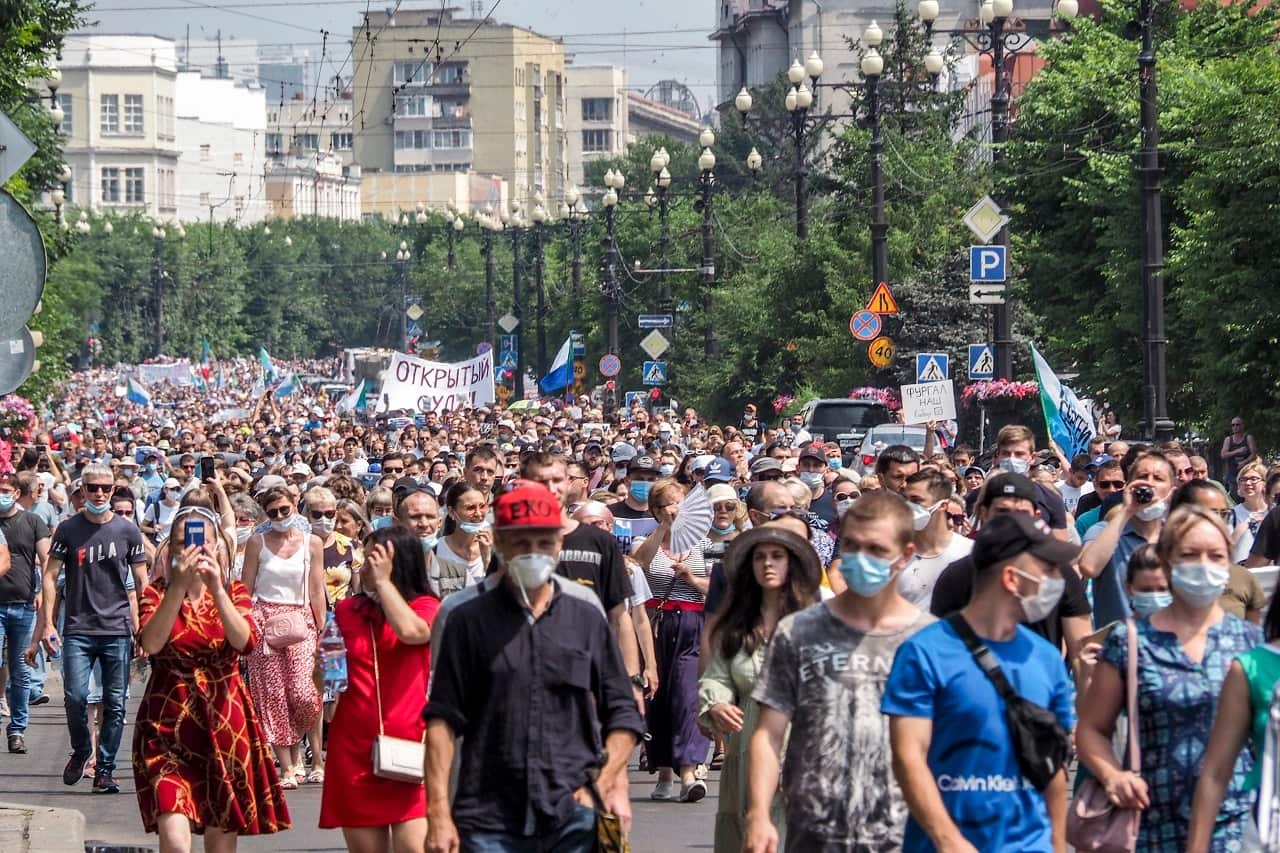 People march during an unsanctioned protest in support in Khabarovsk.