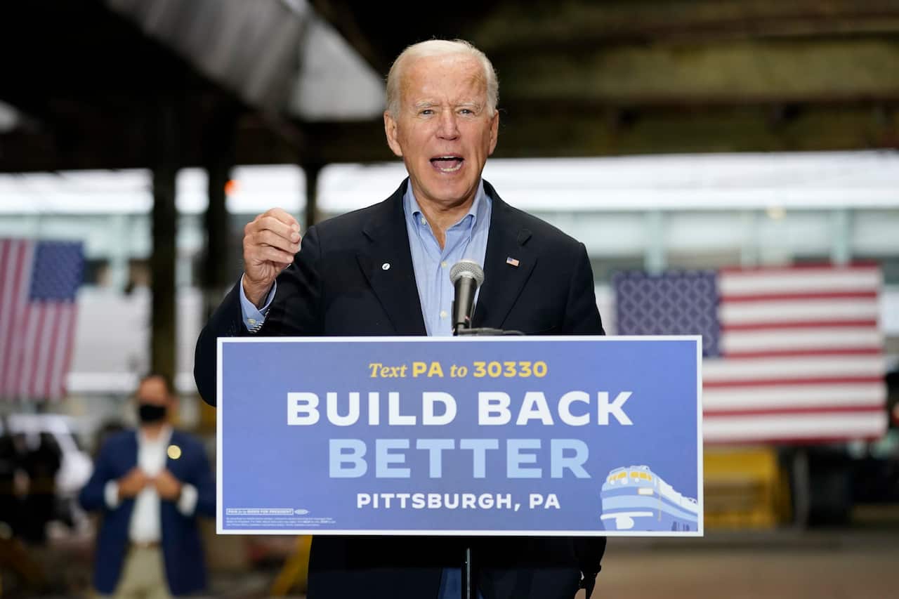 Democratic presidential candidate former Vice President Joe Biden speaks at Amtrak's Pittsburgh Train Station, Wednesday, Sept. 30, 2020, in Pittsburgh. Biden is on a train tour through Ohio and Pennsylvania today. (AP Photo/Andrew Harnik)