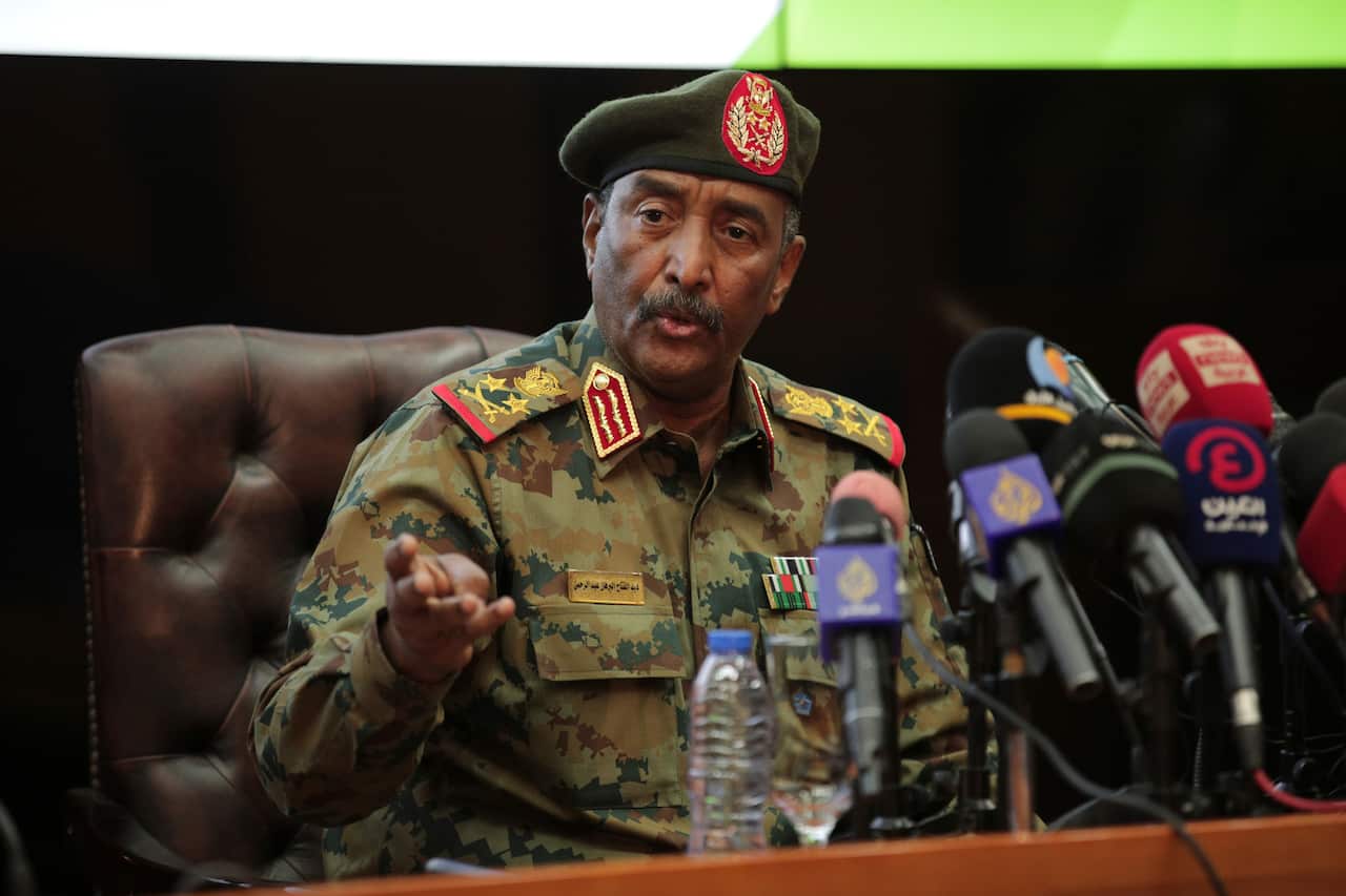 Sudan's head of the military, General Abdel-Fattah Burhan, speaks during a press conference at the General Command of the Armed Forces in Khartoum, Sudan.