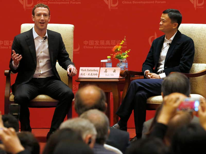 Facebook CEO Mark Zuckerberg, speaks as Jack Ma, executive chairman