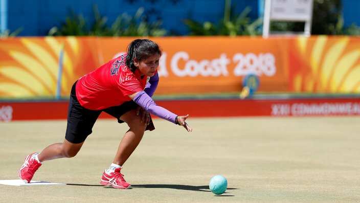 India's Farzana Khan takes part in a lawn bowls practice session