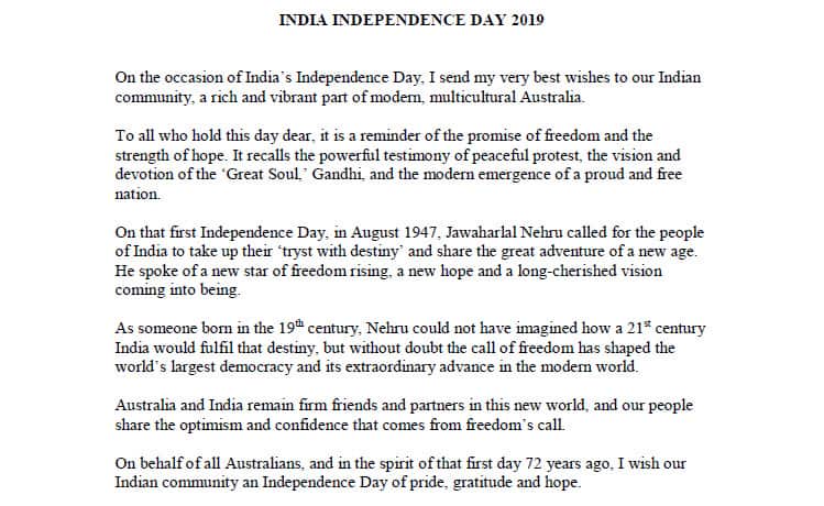 Prime Minister of Australia Scott Morrison's message for Indian Independence Day.