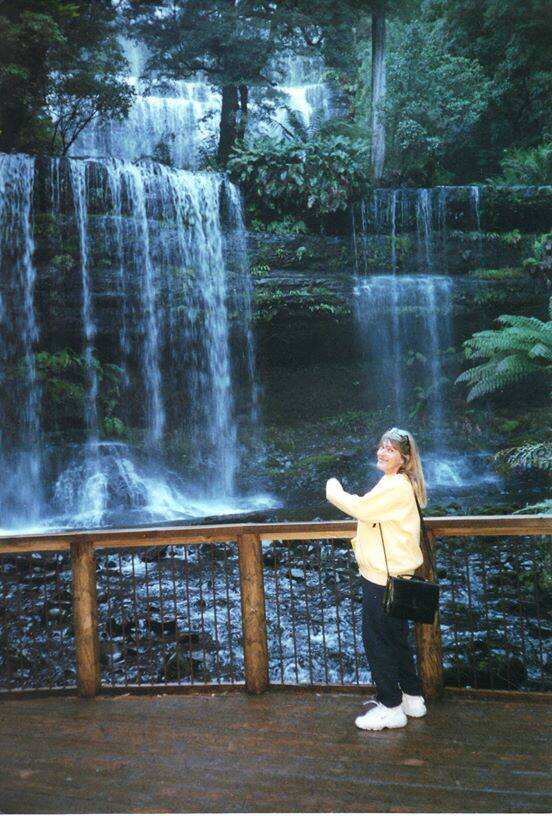 Graig Doumouras late mother at one of the Tasmanian waterfalls