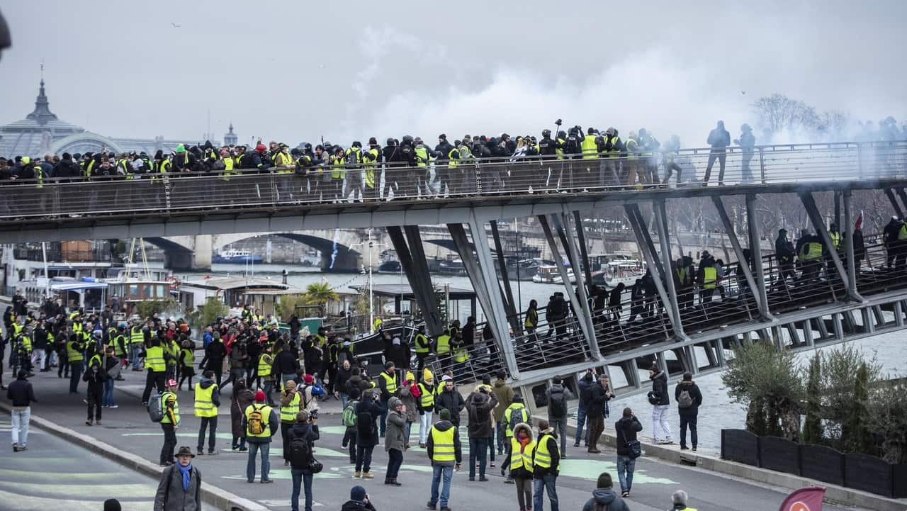 Protesters wearing yellow vests take part in a demonstration by the 'yellow vests' movement in Paris, France, January 5, 2019.  