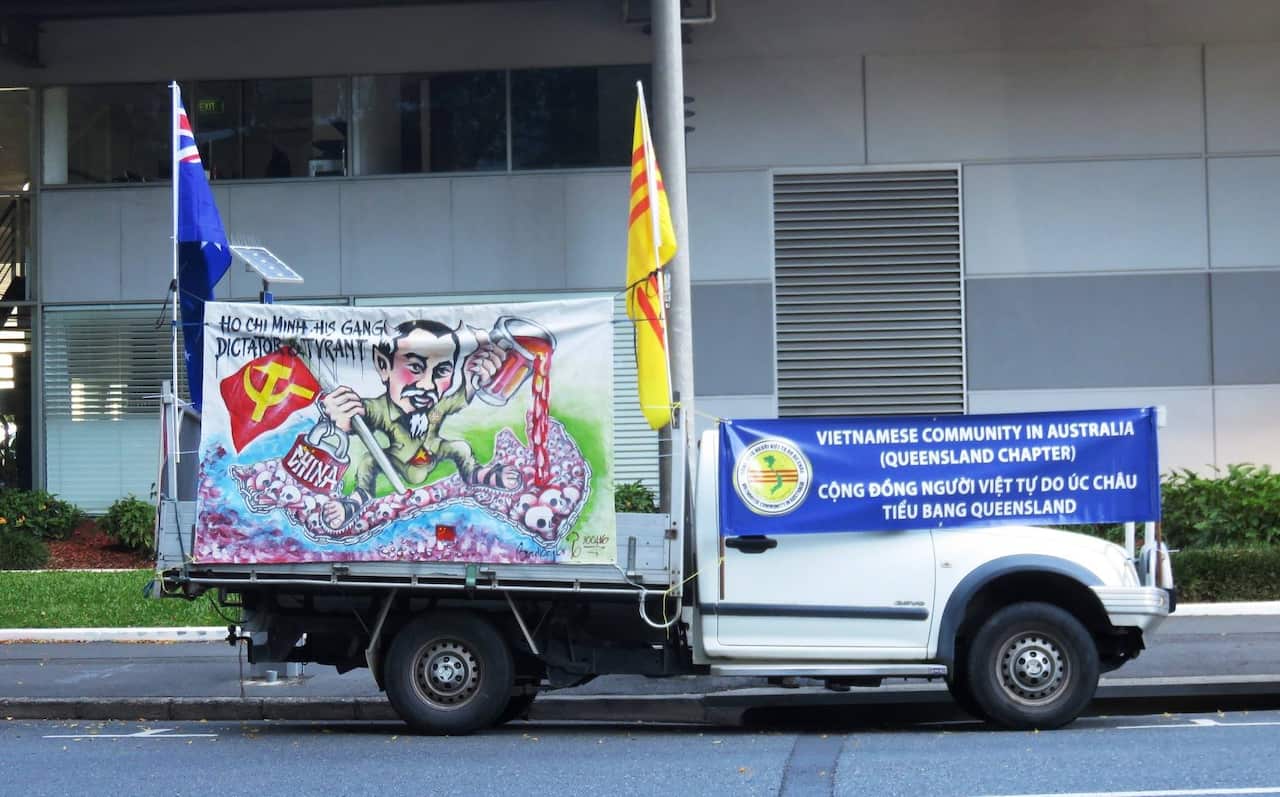 Protest out side Uncle Ho restaurant in Brisbane