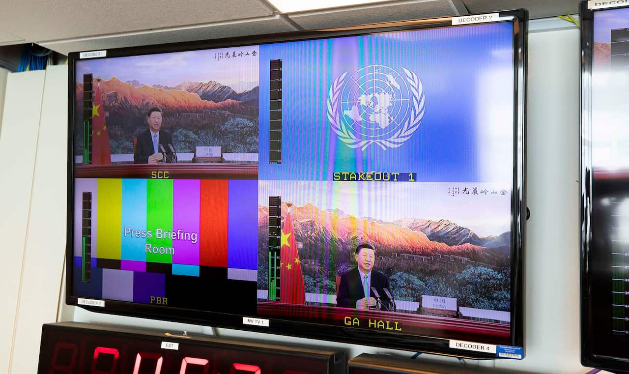 Chinese President Xi Jinping remotely addressing the 75th session of the General Assembly of the United Nations in New York.