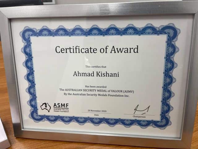 ahmed Kishani received the Medal of Valour from the Australian Security Medals Foundation