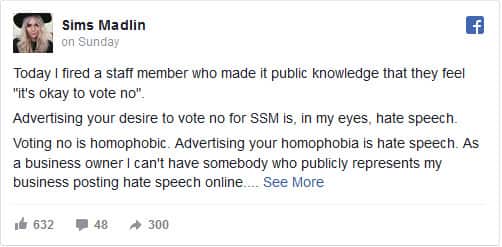 ‘It’s not okay to be homophobic’: Canberra contractor sacked for ‘vote no’ Facebook post