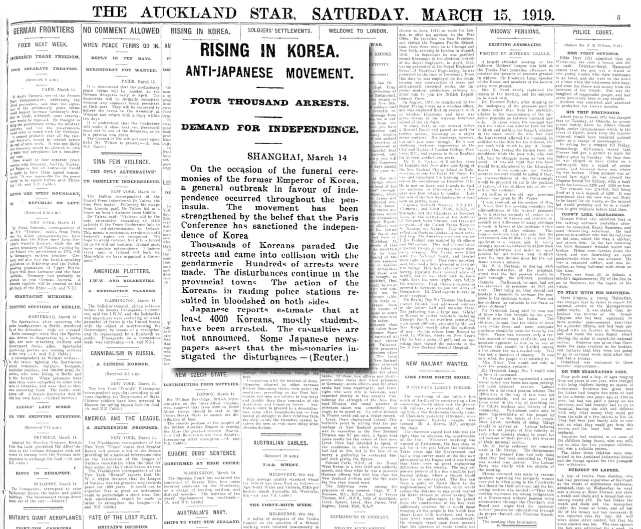 The Auckland Star in New Zealand also published an article on the Korean independence movement in its edition on 15 March 1919.