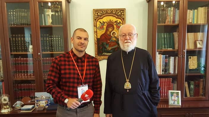 Bishop Ezekiel of Dervis, at his office in Melbourne with SBS Greek's Panos Apostolou
