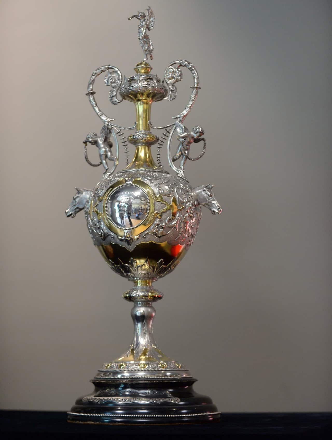 The 1866 Melbourne Cup is seen during a media call at the National Museum of Australia in Canberra, Thursday, Oct. 31, 2013. The 1866 Melbourne Cup is the oldest intact cup and was recently aquired by the Museum.