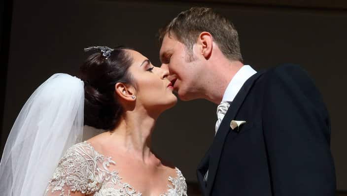 Albania's Crown Prince Leka II and his wife Elia Zaharia kiss after their wedding ceremony in Tirana, Albania, Saturday Oct. 8, 2016. (AP Photo/Hektor Pustina)