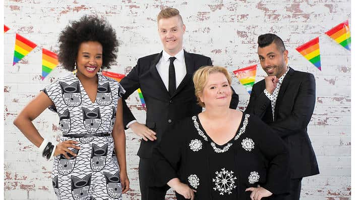 Mardi Gras hosts Faustina Agolley, Tom Ballard, Magda Szubanski and Patrick Abboud. (SBS)