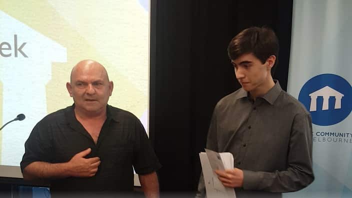 Ancient Greek language student Karl Raymond Zelesco with Ancient Greek teacher, Alexandros Giannadakis.