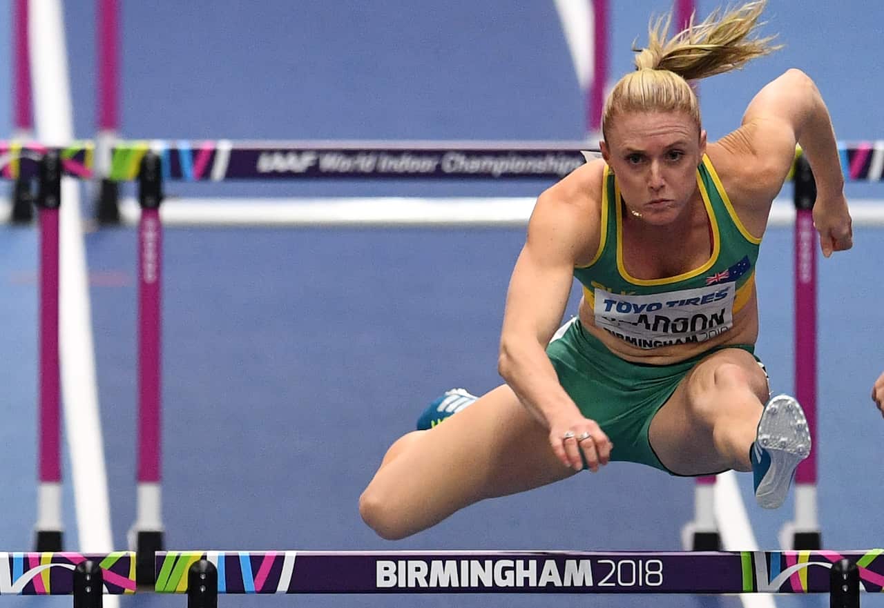 epa06576128 Sally Pearson of Australia  in action during the 60 metres Women's hurdles Round 1 during the IAAF Athletics World Indoor Championships at Arena Birmingham, Britain, 02 March 2018.  EPA/FACUNDO ARRIZABALAGA