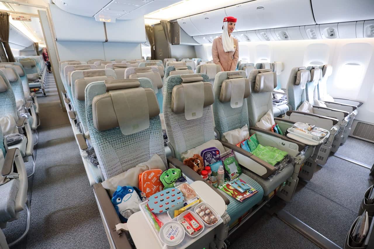 An interior view of the Economy Class of the Emirates' Boeing 777.