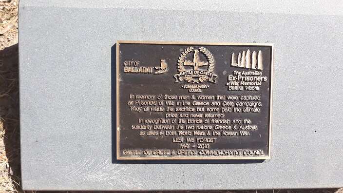 Battle of Crete & Greece Commemorial Council plaque at Ex-Prisoners of the War Memorial grounds.  