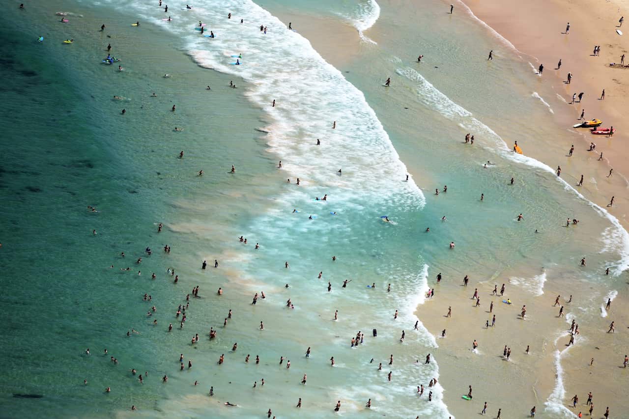 An aerial image shows swimmers at North Bondi Beach located in the New South Wales city of Sydney, Sunday, 17 February 2019. (AAP Image/Sam Mooy) NO ARCHIVING, EDITORIAL USE ONLY
