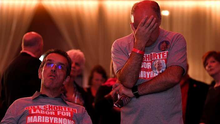Labor supporters watch the tally count at the Federal Labor Reception at Hyatt Place Melbourne, Essendon Fields, in Melbourne, Saturday, 18 May, 2019.
