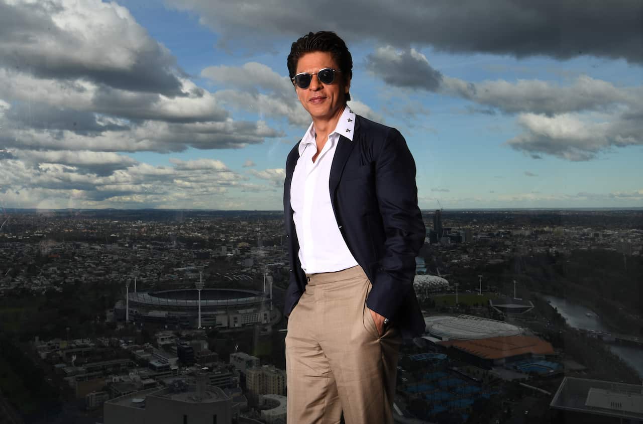 Shah Rukh Khan poses for a photograph at Collins Place in Melbourne, Thursday, August 8, 2019. Shah Rukh Khan is Melbourne for the Indian Film Festival Melbourne. (AAP Image/Julian Smith) NO ARCHIVING
