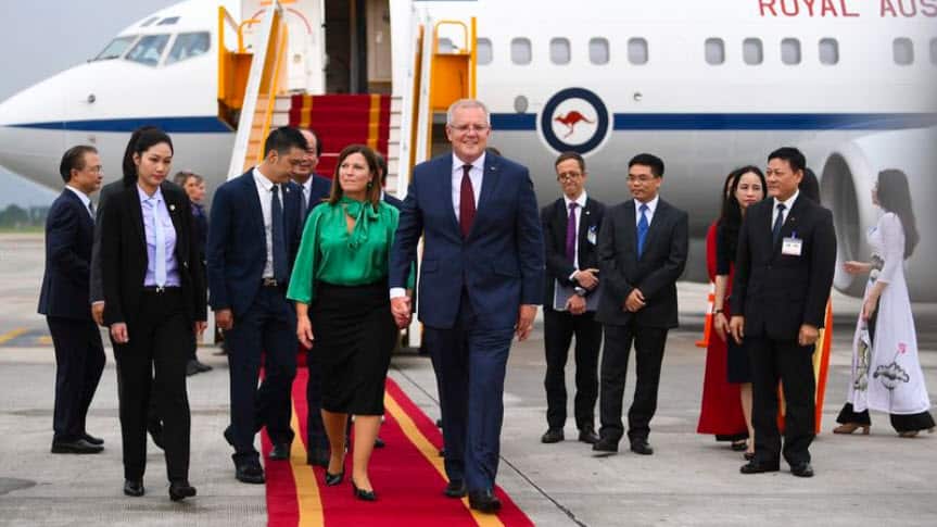 Australian Prime Minister Scott Morrison and his wife Jenny are welcomed as they arrive at Noi Bai Airport in Hanoi.