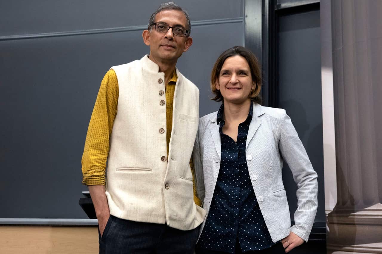 Esther Duflo, left, and Abhijit Banerjee