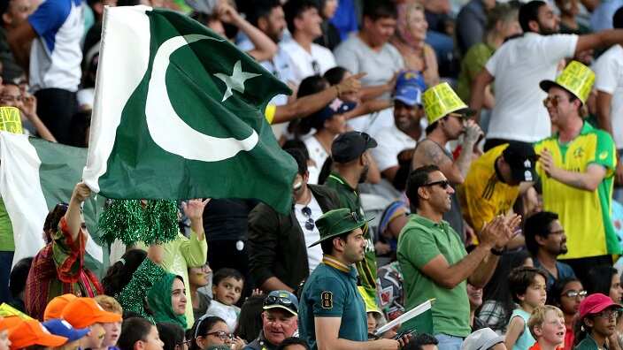 Fans cheer during the T20 International Cricket match between Australia and Pakistan at Optus Stadium, in Perth, Friday, November 8, 2019.