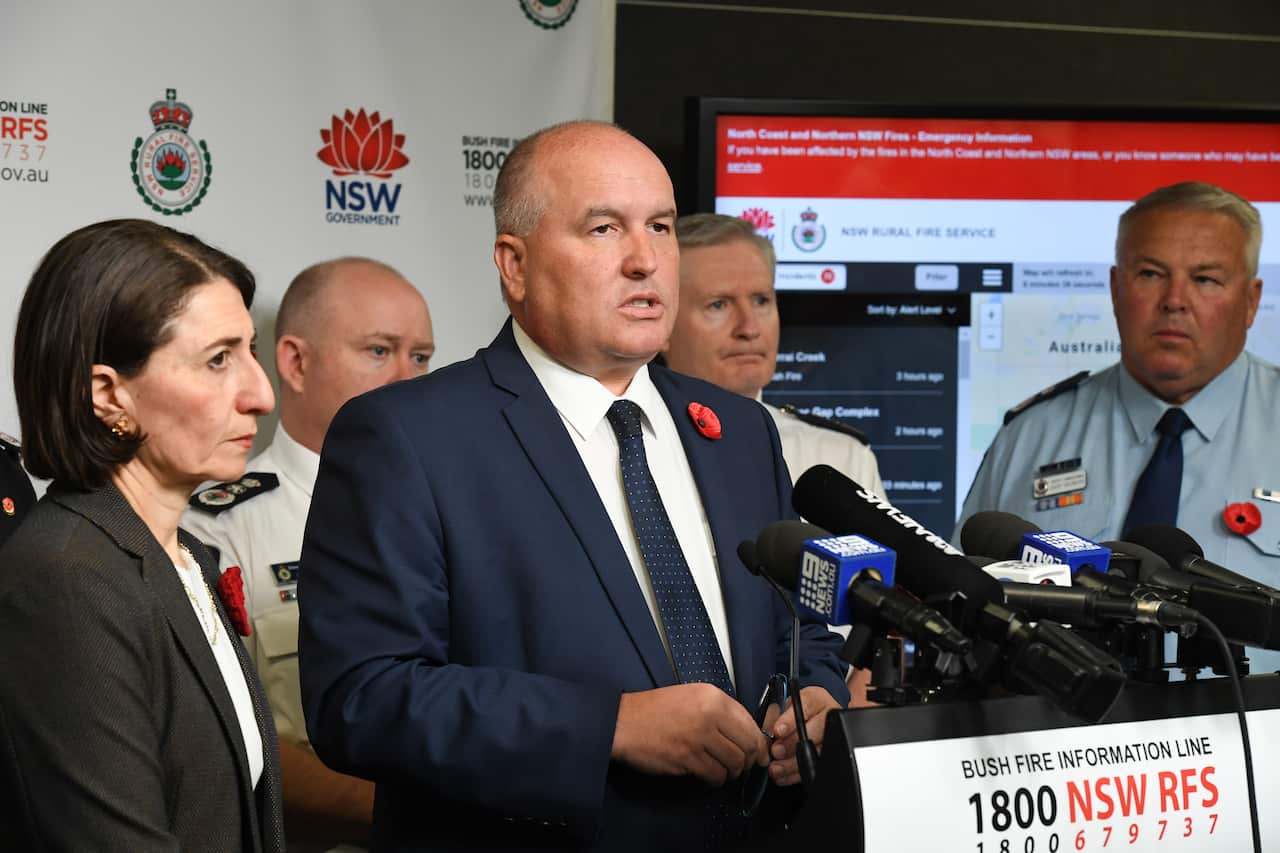 Emergency Services Minister David Elliot addresses the media on declaring a state of emergency at the NSW Rural Fire Service Headquarters, in Sydney, Monday, November 11, 2019