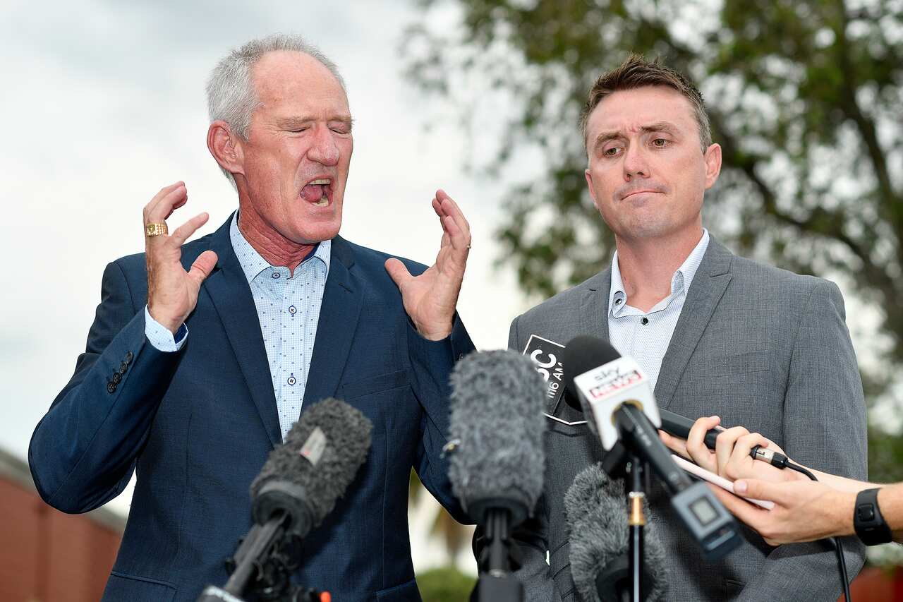 One Nation party officials Steve Dickson (left) and James Ashby field questions during a press conference in Brisbane, Tuesday, March 26, 2019.