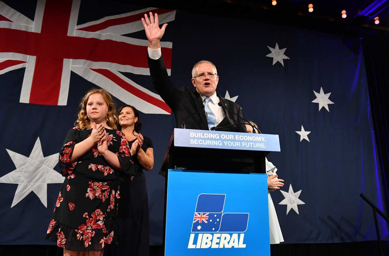 *This picture has been selected as one of the Best of the Year News images for 2019*Prime Minister Scott Morrison on election night at the Wentworth Sofitel Hotel, Sydney, Saturday, May 18, 2019. (AAP Image/Mick Tsikas) NO ARCHIVING