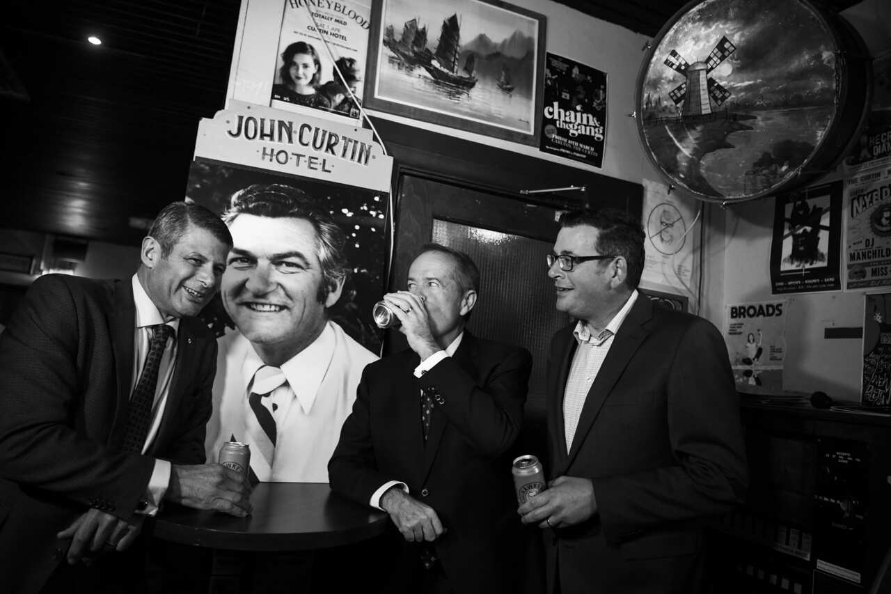 Australian Opposition Leader Bill Shorten, Victorian Premier Daniel Andrews and former Victorian Premier Stev Bracks