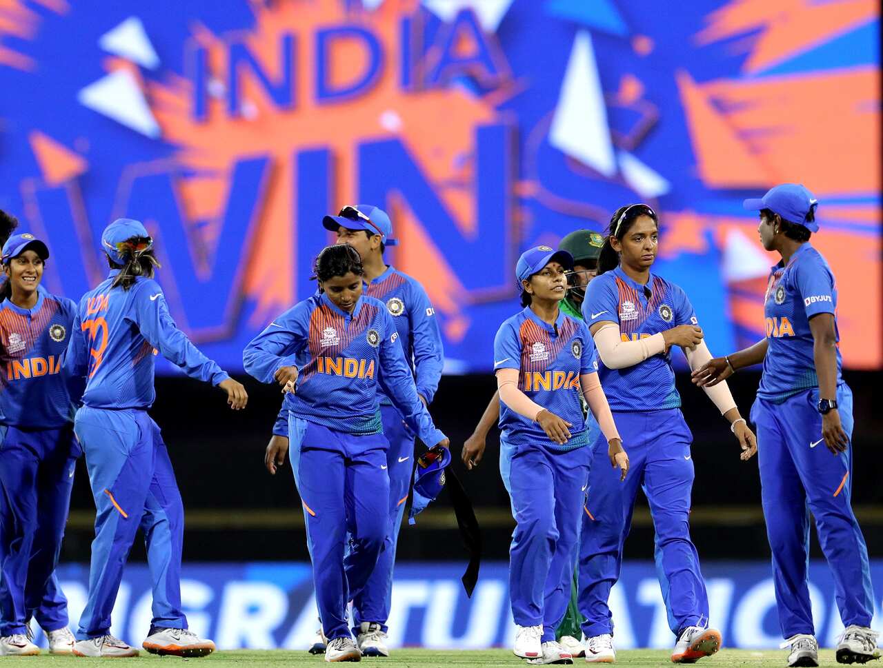 India leaves the field after winning the Women's T20 World Cup cricket match between India and Bangladesh at the WACA Ground in Perth, Monday, February 24.