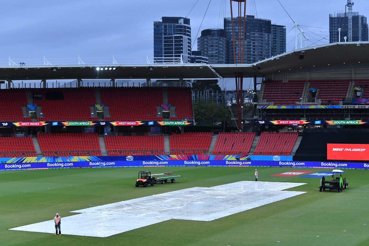 Rain delays the Women's T20 World Cup cricket match between the West Indies and South Africa at Sydney Showground Stadium in Sydney, Tuesday, March 3, 2020.