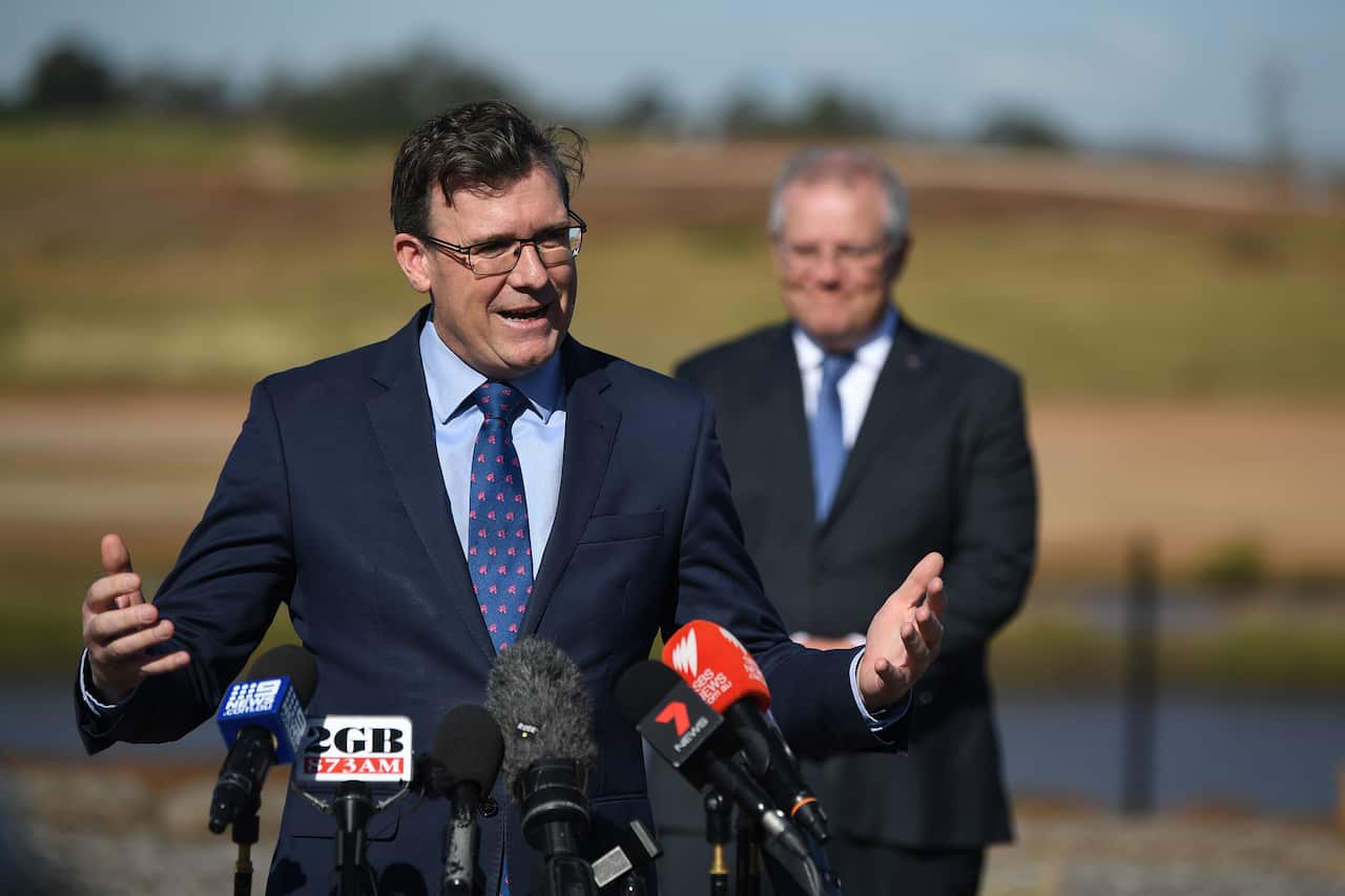 Minister for Cities Alan Tudge speaks to the media during a Western Sydney Airport Rail Link announcement in Sydney, Monday, June 1, 2020. (AAP Image/Joel Carrett) NO ARCHIVING