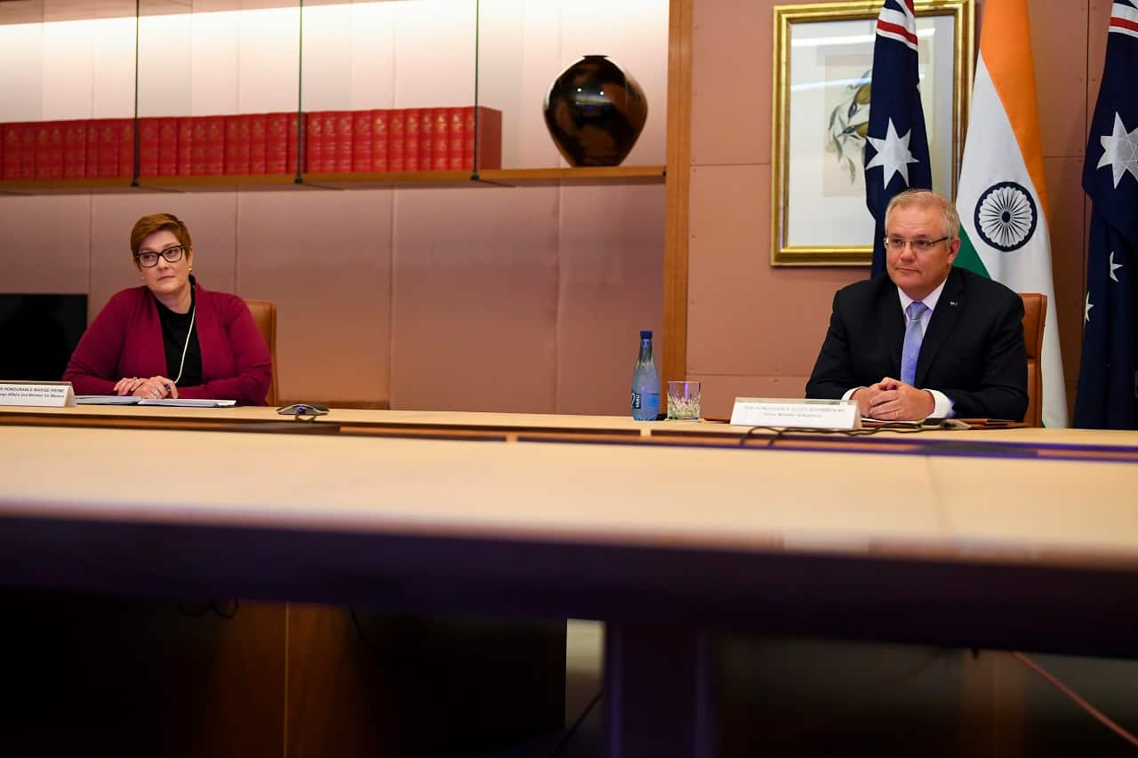 Australian Prime Minister Scott Morrison (right) and Australian Foreign Minister Marise Payne speak to Indian Prime Minister Narendra Modi.