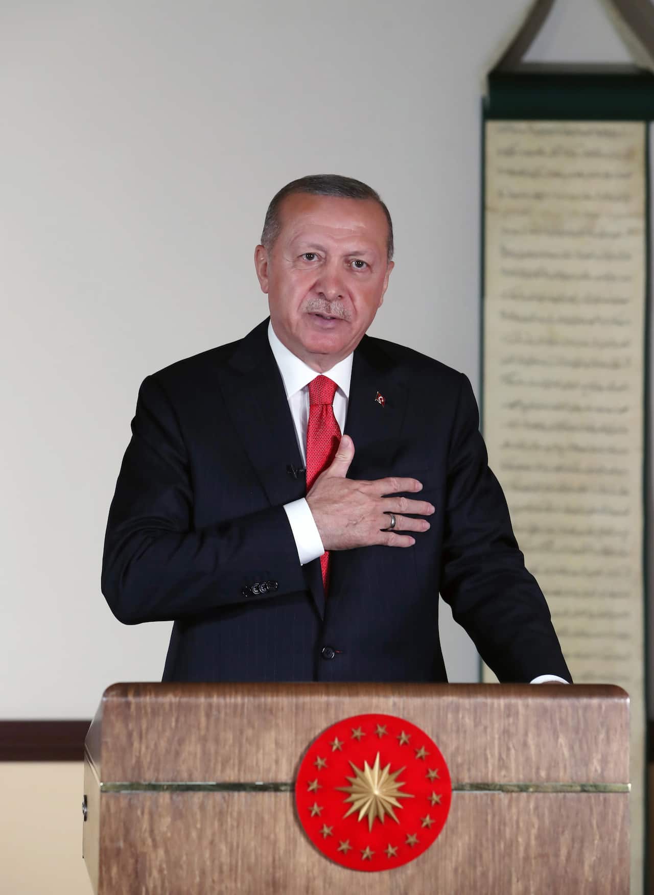 epa08539339 A handout photo made available by Turkish President Press Office shows Turkish President Recep Tayyip Erdogan addresses the nation in Ankara, Turkey, 10 July 2020. Turkey's highest administration court on 10 July 2020 ruled that the museum tha
