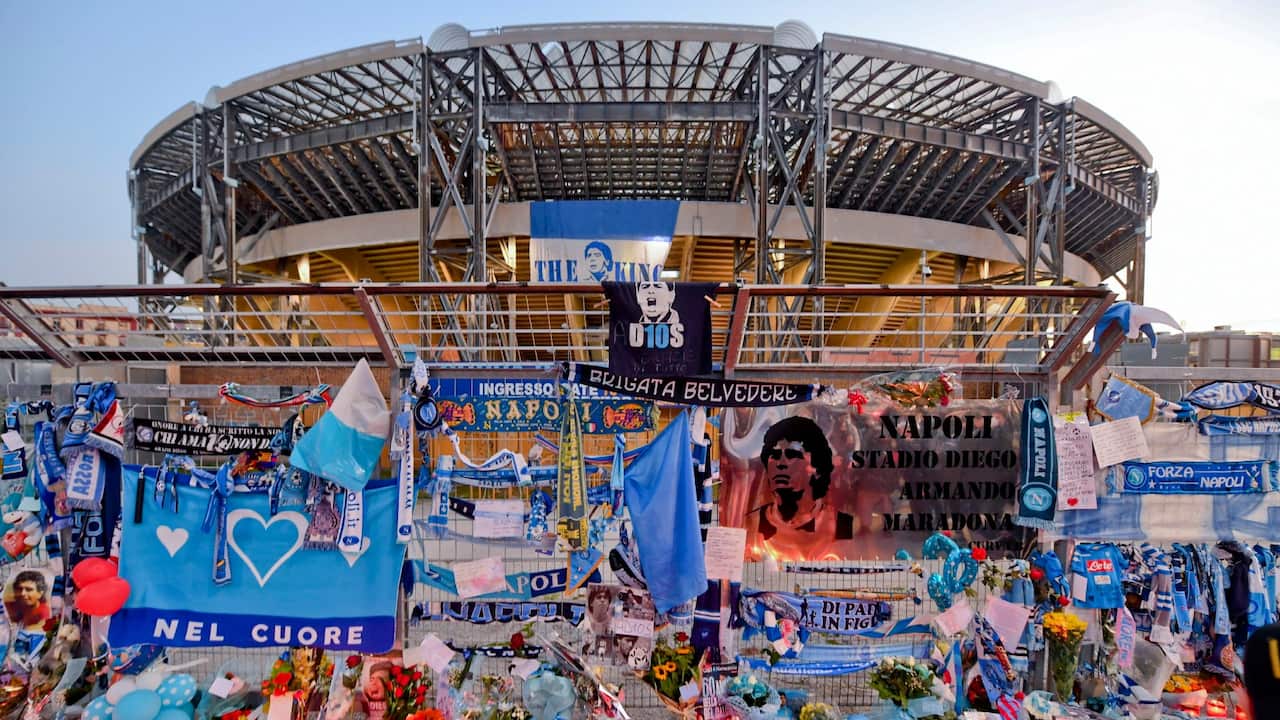 Napoli fans pay tribute to late Argentinian soccer legend Diego Armando Maradona outside the San Paolo stadium prior to the UEFA Europa League group F soccer match between SSC Napoli and HNK Rijeka in Naples, Italy, 26 November 2020.