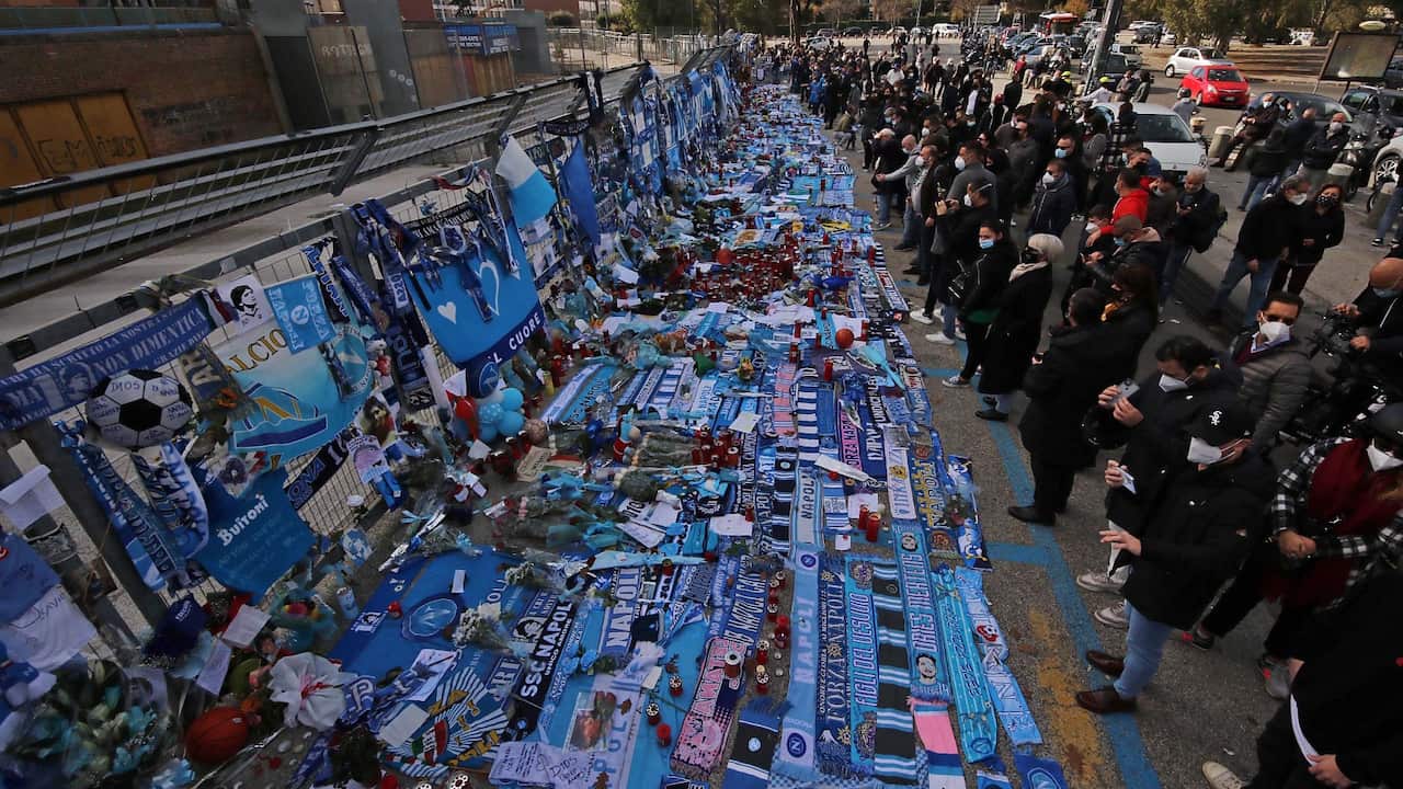 Naples death Maradona the shrine outside the San Paolo with the relics on Maradona that will be transported inside the stadium