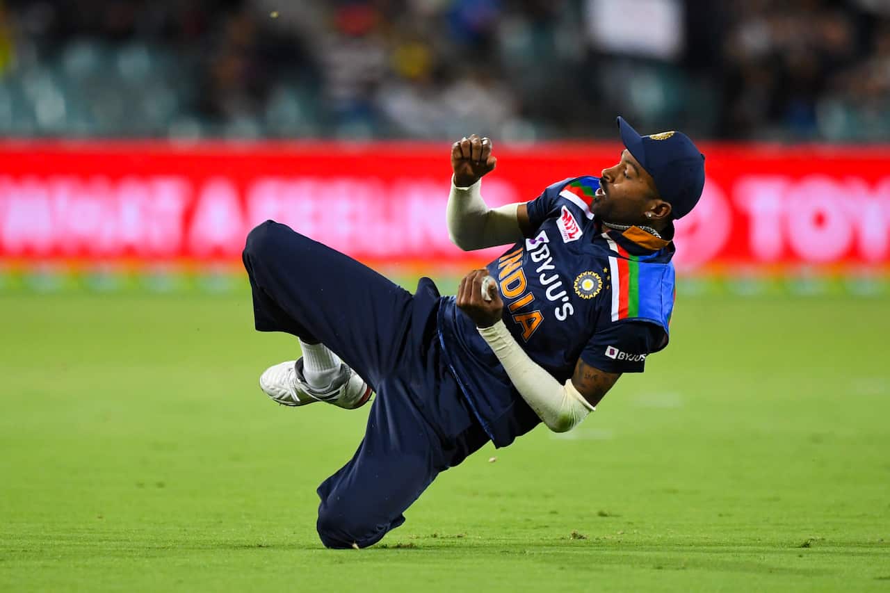 Hardik Pandya of India catches the ball of Aaron Finch at Manuka Oval, Canberra, Friday, December 4, 2020.