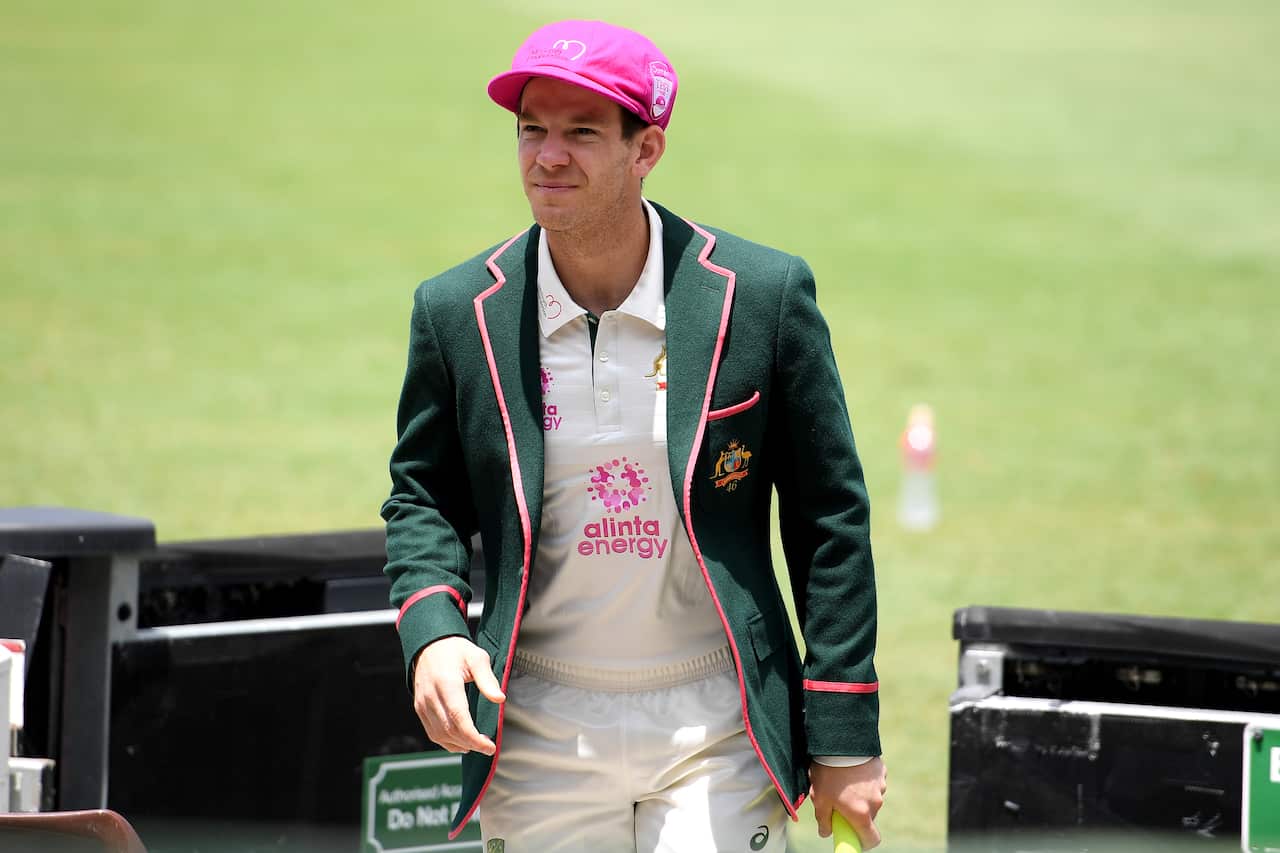 Australian Test cricket captain Tim Paine is seen wearing a McGrath Foundation baggy pink hat ahead of a team training session, at the SCG