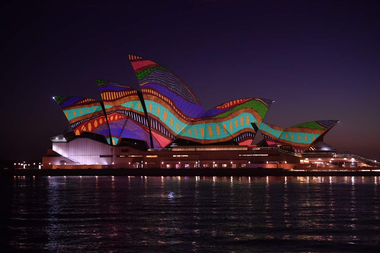 For the first time on Australia Day, the Sydney Opera House sails were lit up at dawn with Indigenous art as recognition of Australia’s First Nations people.