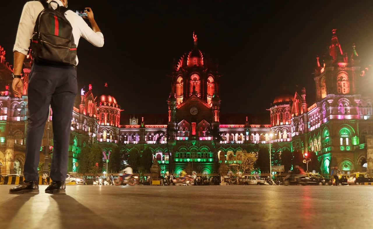 Chhatrapati Shivaji Maharaj Terminus lit up on the eve of Republic day in Mumbai, India, Monday, Jan. 25, 2021.