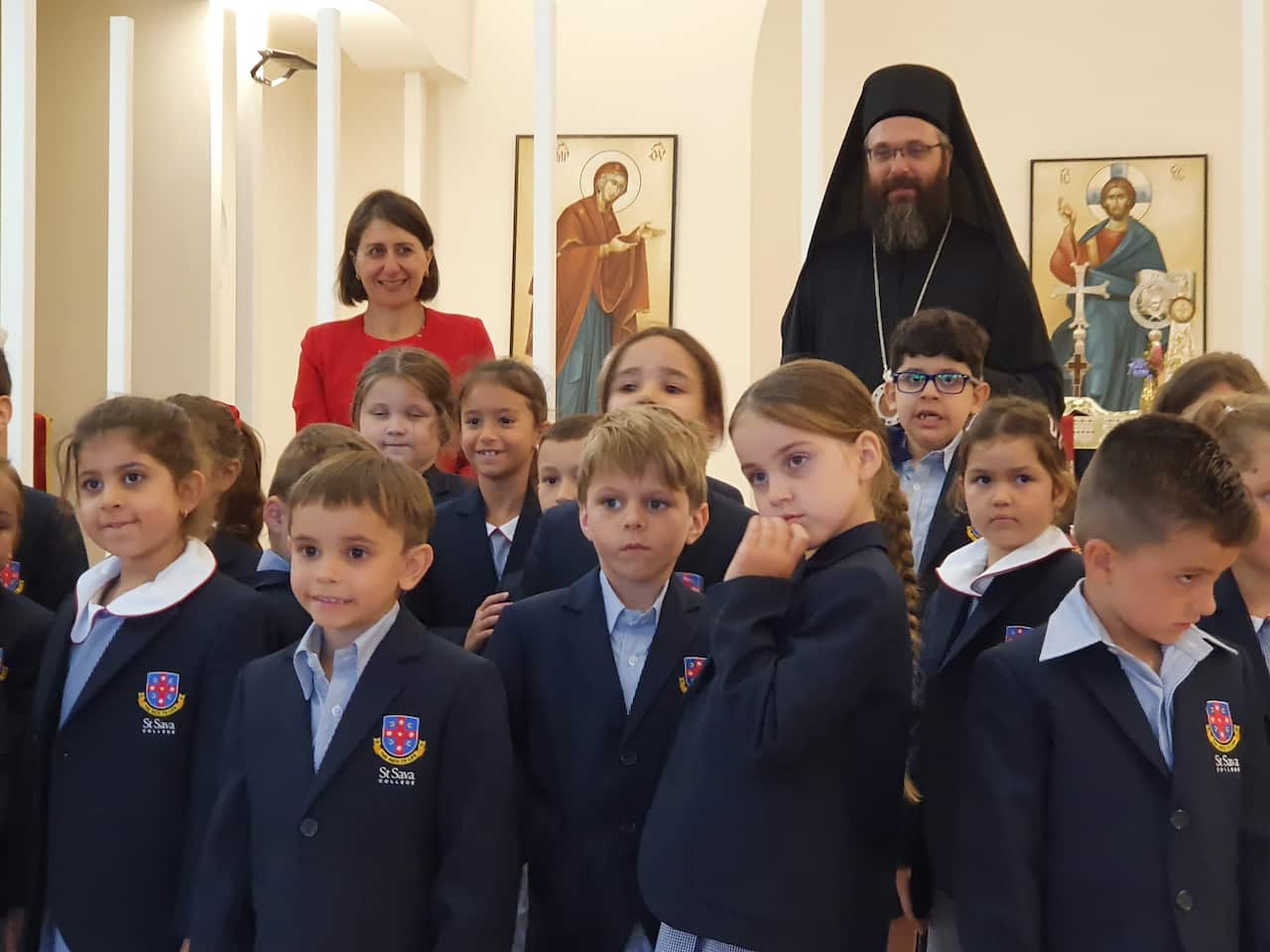 The St Sava College was officially opened by Premier Gladys Berejiklian who later joined students together with the Bishop Siluan and posed for the photo.