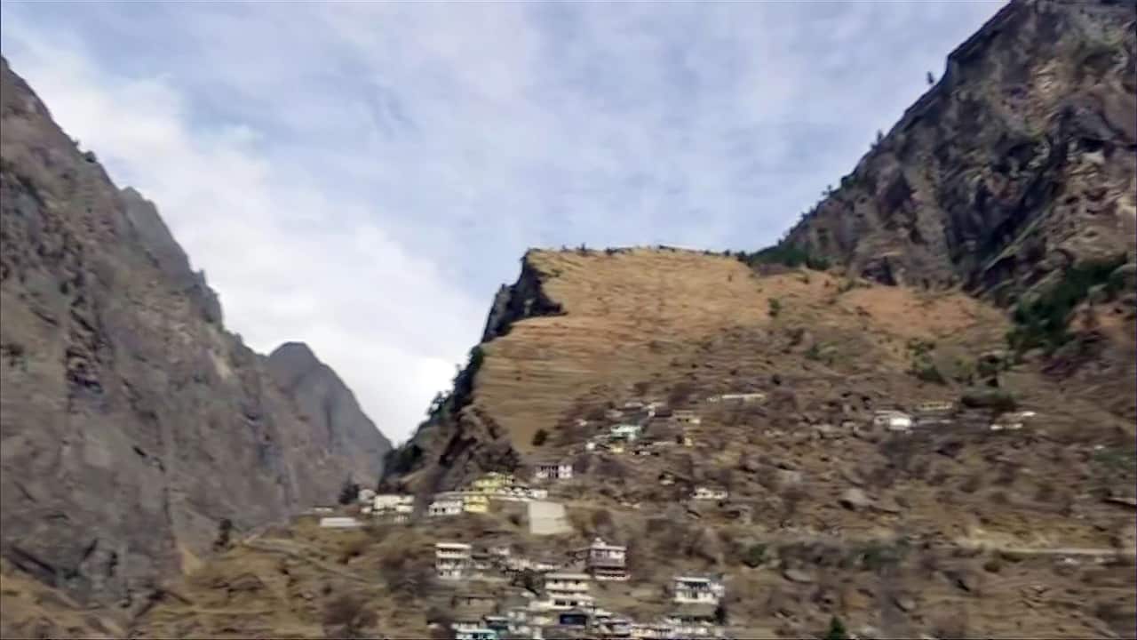 A View of houses in Raini village which have been damaged due to heavy flooding 