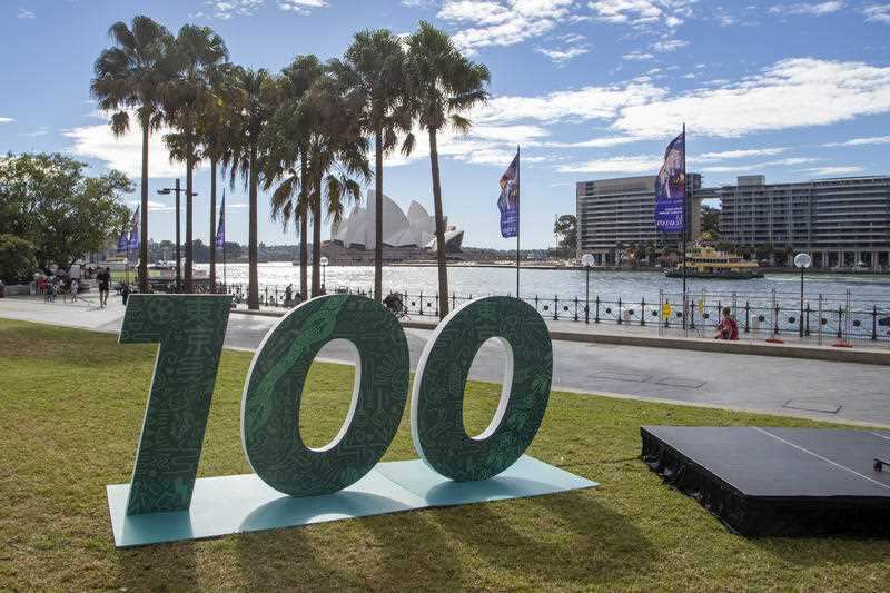 A sign to mark 100 days before the start of the Tokyo Olympics in Sydney Wednesday, April 14, 2021. Olympics live sites will be held across Australia during the Olympic Games, from July 23 to Aug. 8 2021.