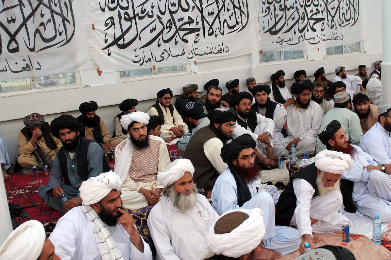 Taliban officials attend a gathering to celebrate their victory in Lashkar Gah, Helmand province, southwestern, Afghanistan, Friday, Aug. 27, 2021. (AP Photo/Abdul Khaliq)