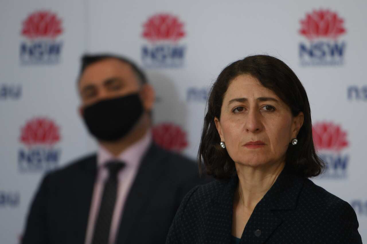 NSW Premier Gladys Berejiklian and Deputy Premier John Barilaro speak to the media during a press conference in Sydney, Friday, August 3, 2021. (AAP Image/Dean Lewins) NO ARCHIVING